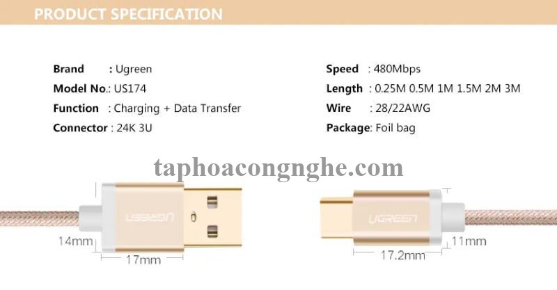 Ugreen 20859 0.5M màu Vàng Dây USB 2.0 sang Type-C đầu nhôm dây bọc vinyl US174 30020859